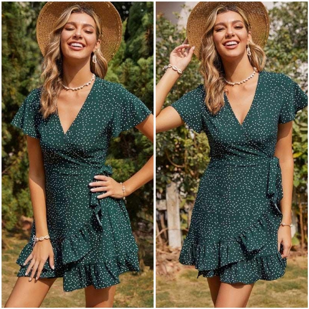 NWT Naggoo Dark Green Polka Dot V Tie True Wrap Short Sleeve Ruffle Mini Dress L